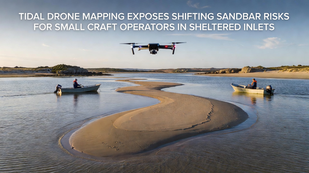 Small craft navigating near exposed sandbars in a tidal inlet with drone survey overlay